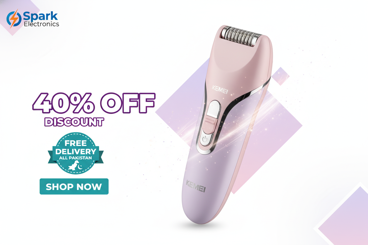Kemei Women Electric Epilator Create A tamplate And 40% Discount Ad Free Delivery All Pakistan And Shop Now And Spark Electronics Logo